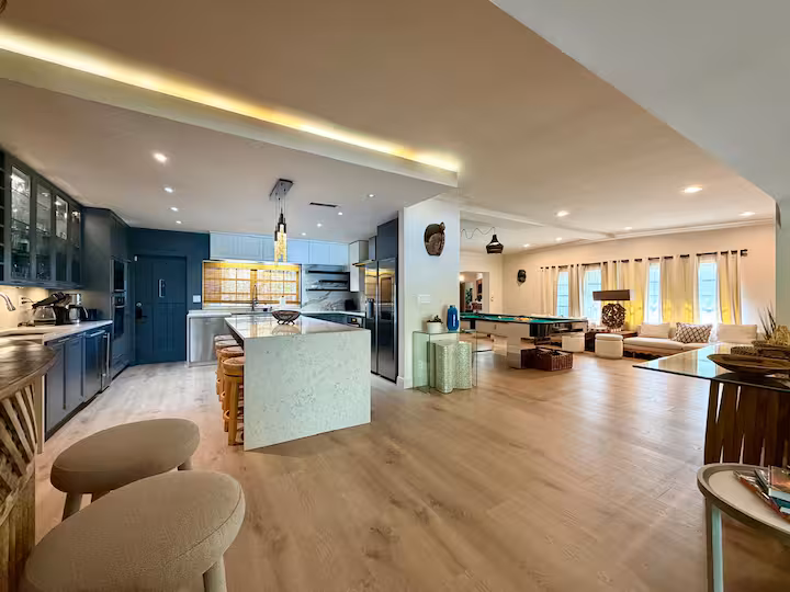 The open kitchen and living space of the lake-house