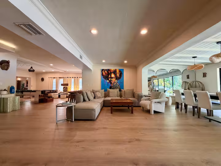 The spacious living and dining areas of the retreat house