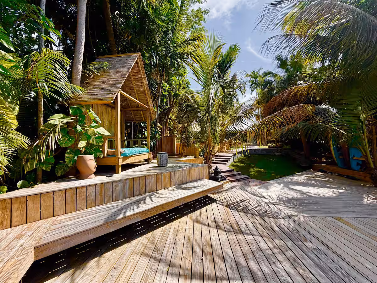 The wood deck in the lake-house backyard