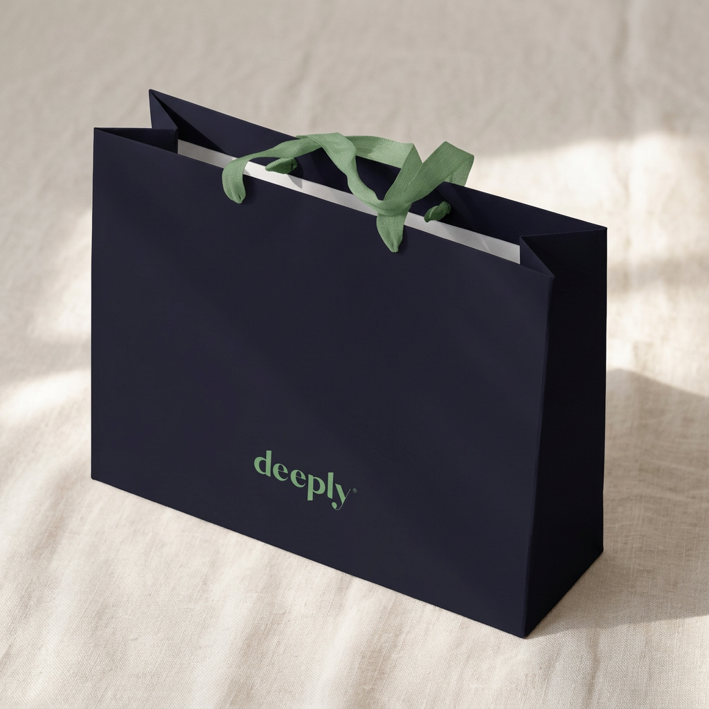 A navy gift bag with sage ribbon handles